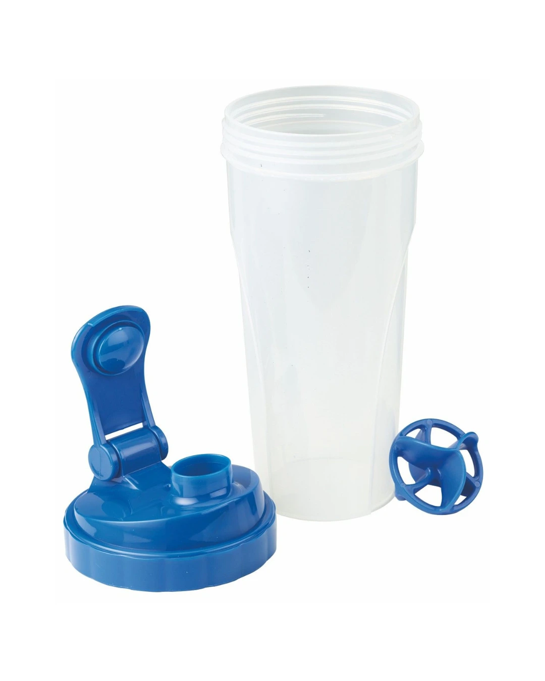 Custom shaker bottle taken apart into the frosted cup, the blue flip-top lid and the blue Vortex mixing ball
