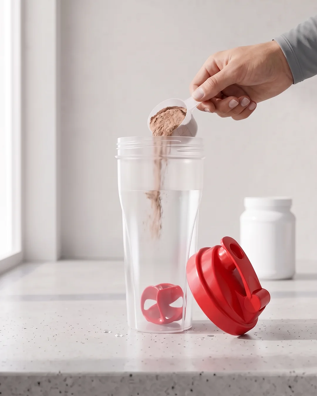 Man's hand pouring a scoop of chocolate protein powder into a custom 24 oz shaker bottle with the red Vortex mixing ball at the bottom and the red flip-top lid beside it