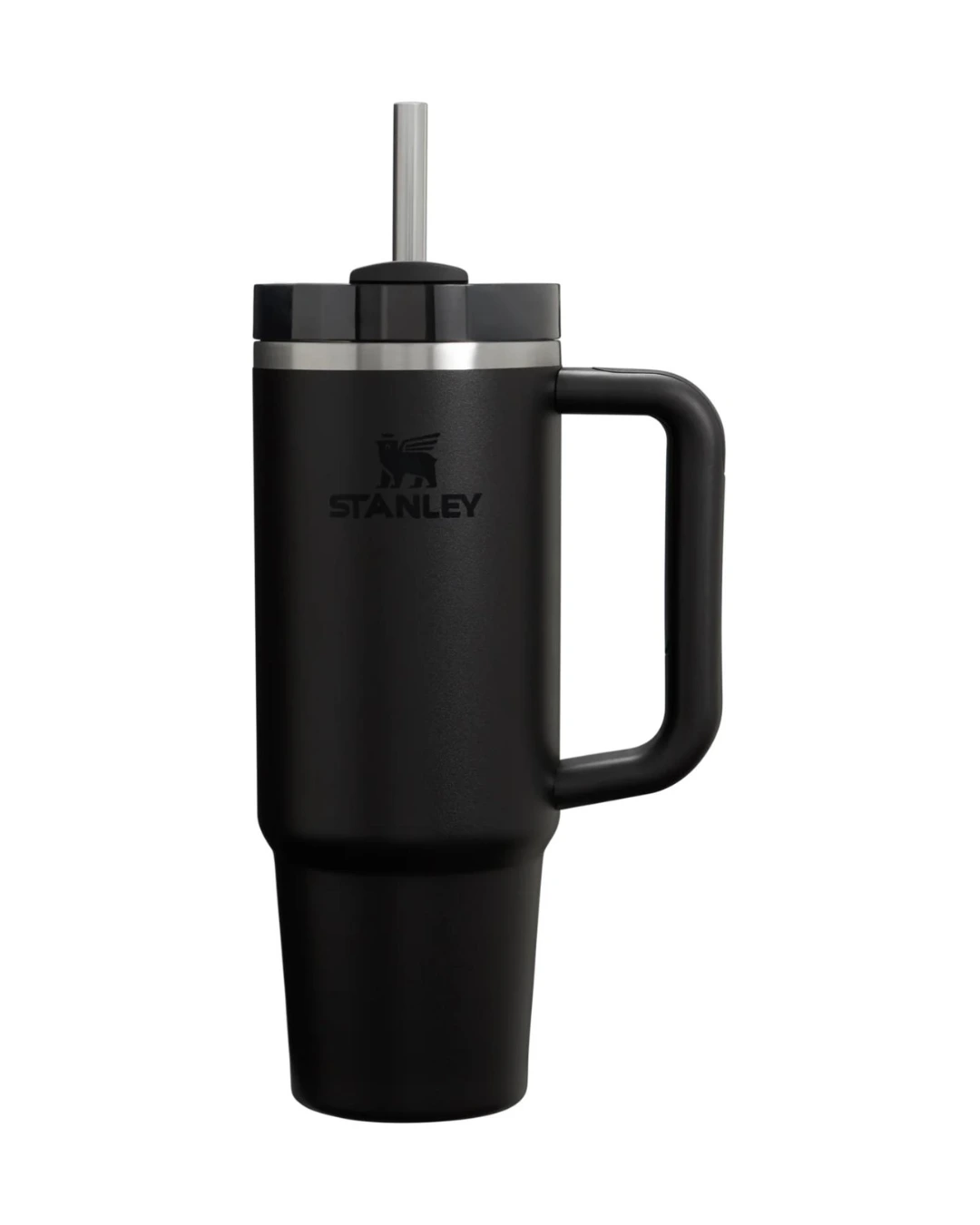 Genuine Stanley 30 oz Quencher in Black with handle, rotating lid and straw, ready for a custom engraved logo