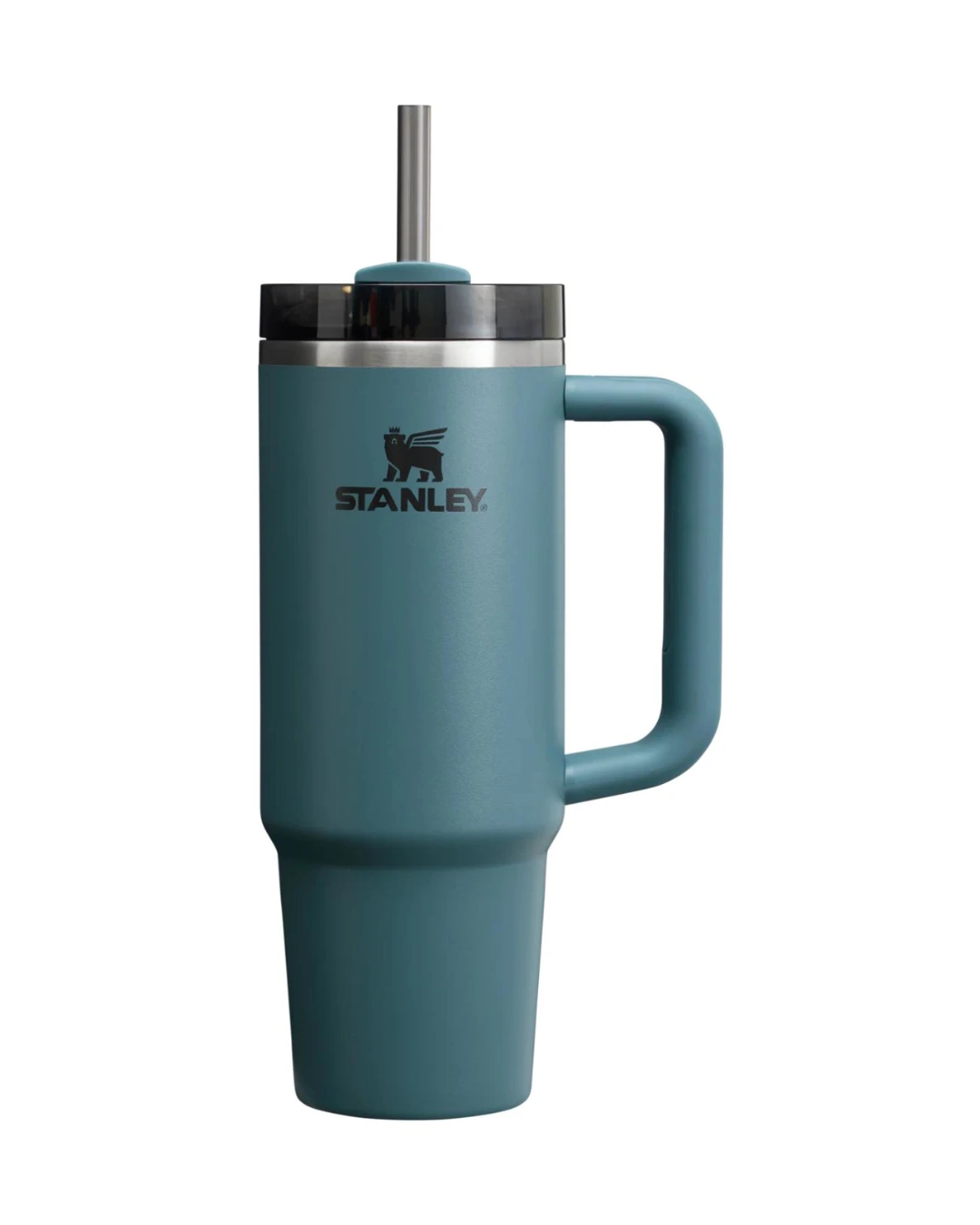 Genuine Stanley 30 oz Quencher in Blue Spruce with handle, rotating lid and straw, ready for a custom engraved logo