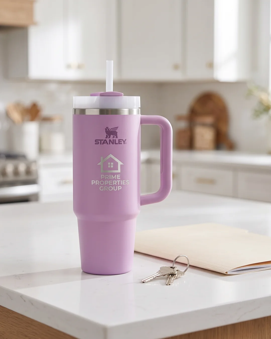 Lilac custom Stanley Quencher with an engraved real estate logo on a kitchen island beside new house keys