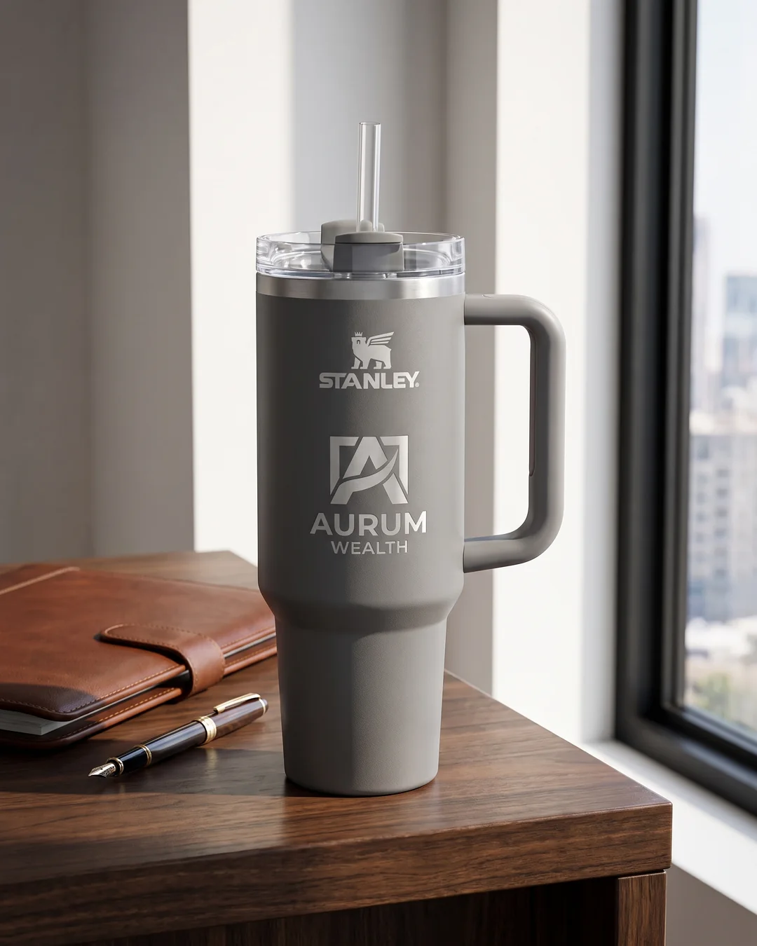 Stone custom Stanley 30 oz Quencher with a laser engraved wealth firm logo on a walnut executive desk