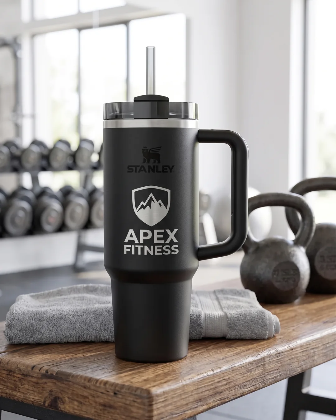 Black custom Stanley Quencher with an engraved fitness studio logo on a gym bench beside a towel and kettlebells