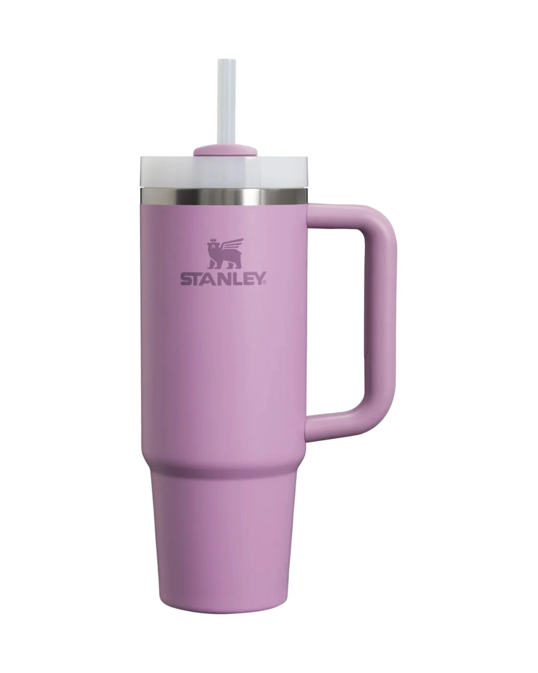 Genuine Stanley 30 oz Quencher in Lilac with handle, rotating lid and straw, ready for a custom engraved logo
