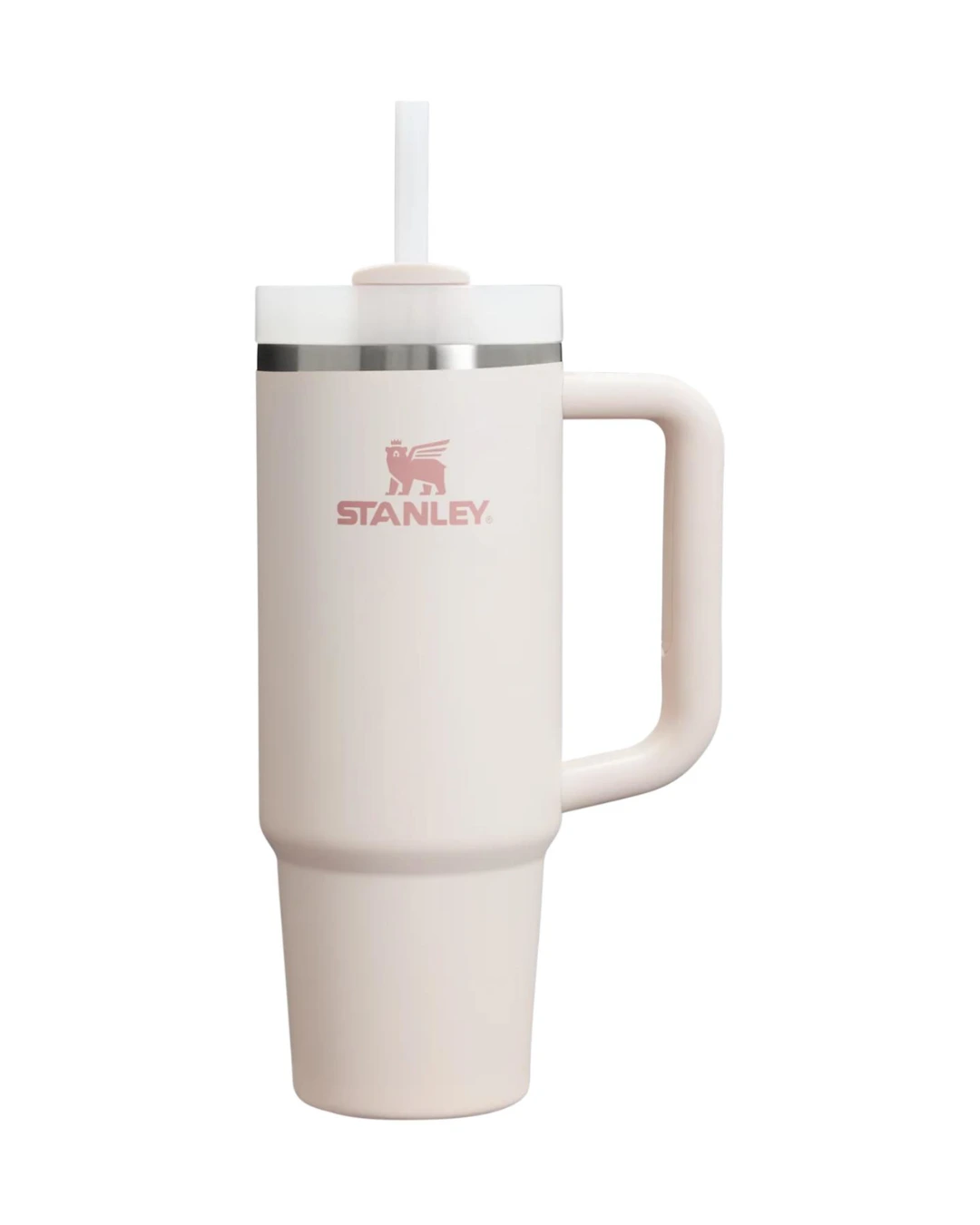 Genuine Stanley 30 oz Quencher in Rose with handle, rotating lid and straw, ready for a custom engraved logo
