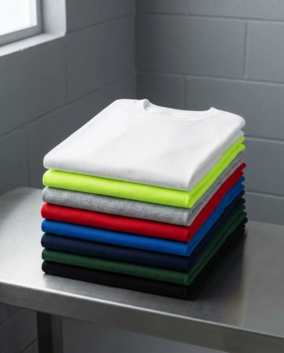 Bulk custom t-shirts in eight colors folded in a stack, Gildan DryBlend tees