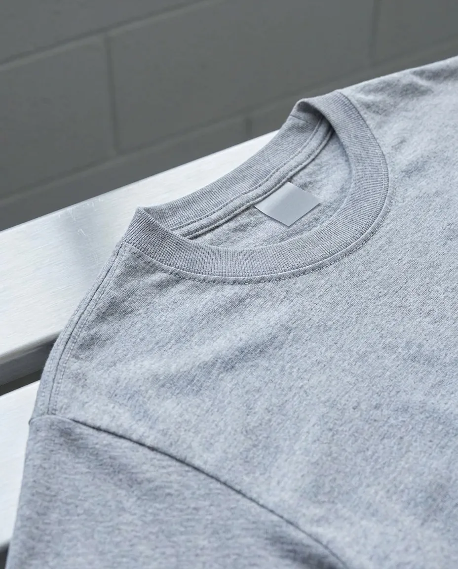 Bulk custom t-shirts close-up, Gildan DryBlend rib collar, taped shoulder seam and 50/50 jersey texture