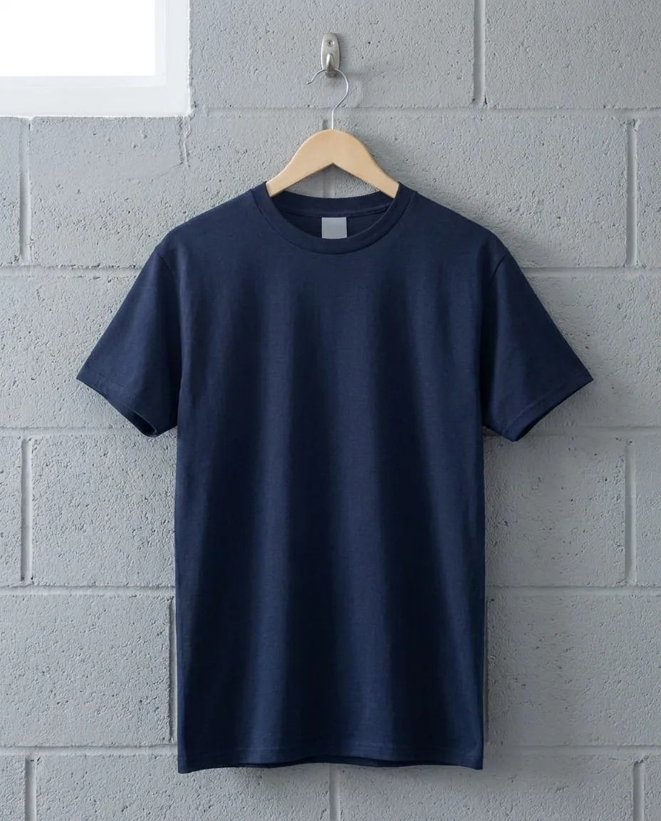 Bulk custom t-shirts, navy Gildan DryBlend 50/50 tee on a hanger, blank front