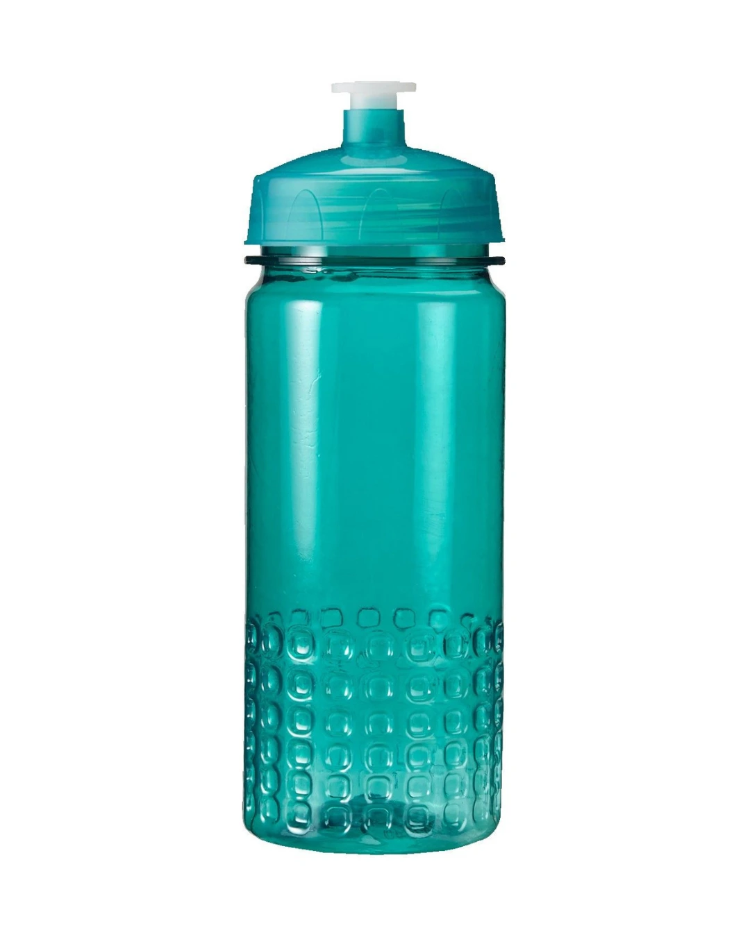 Custom team water bottle, 16 oz translucent aqua blue sports bottle with a push-pull lid and block grip base