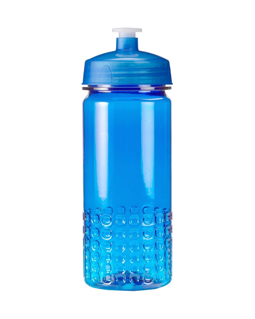 Custom team water bottle, 16 oz translucent blue sports bottle with a push-pull lid and block grip base