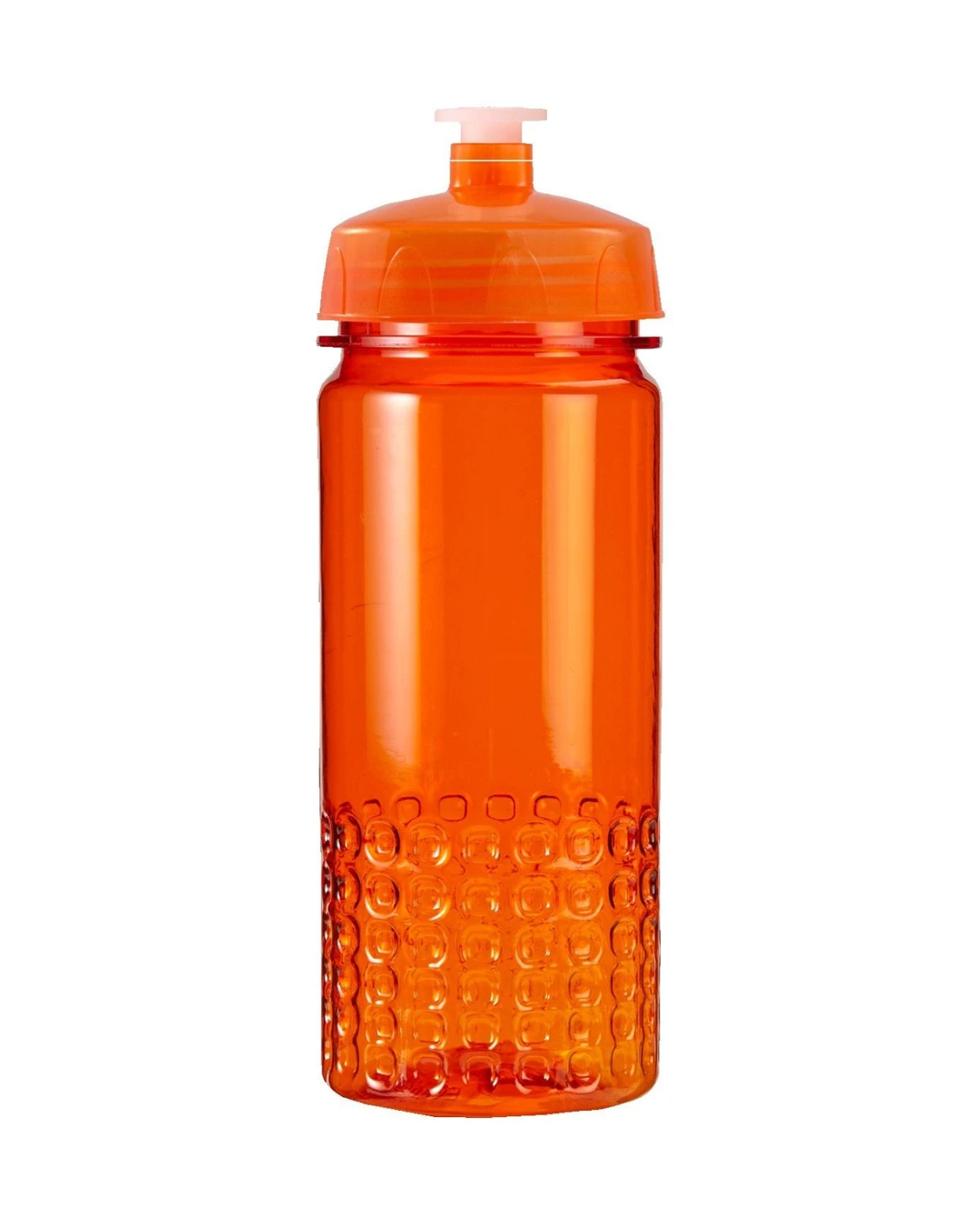 Custom team water bottle, 16 oz translucent orange sports bottle with a push-pull lid and block grip base