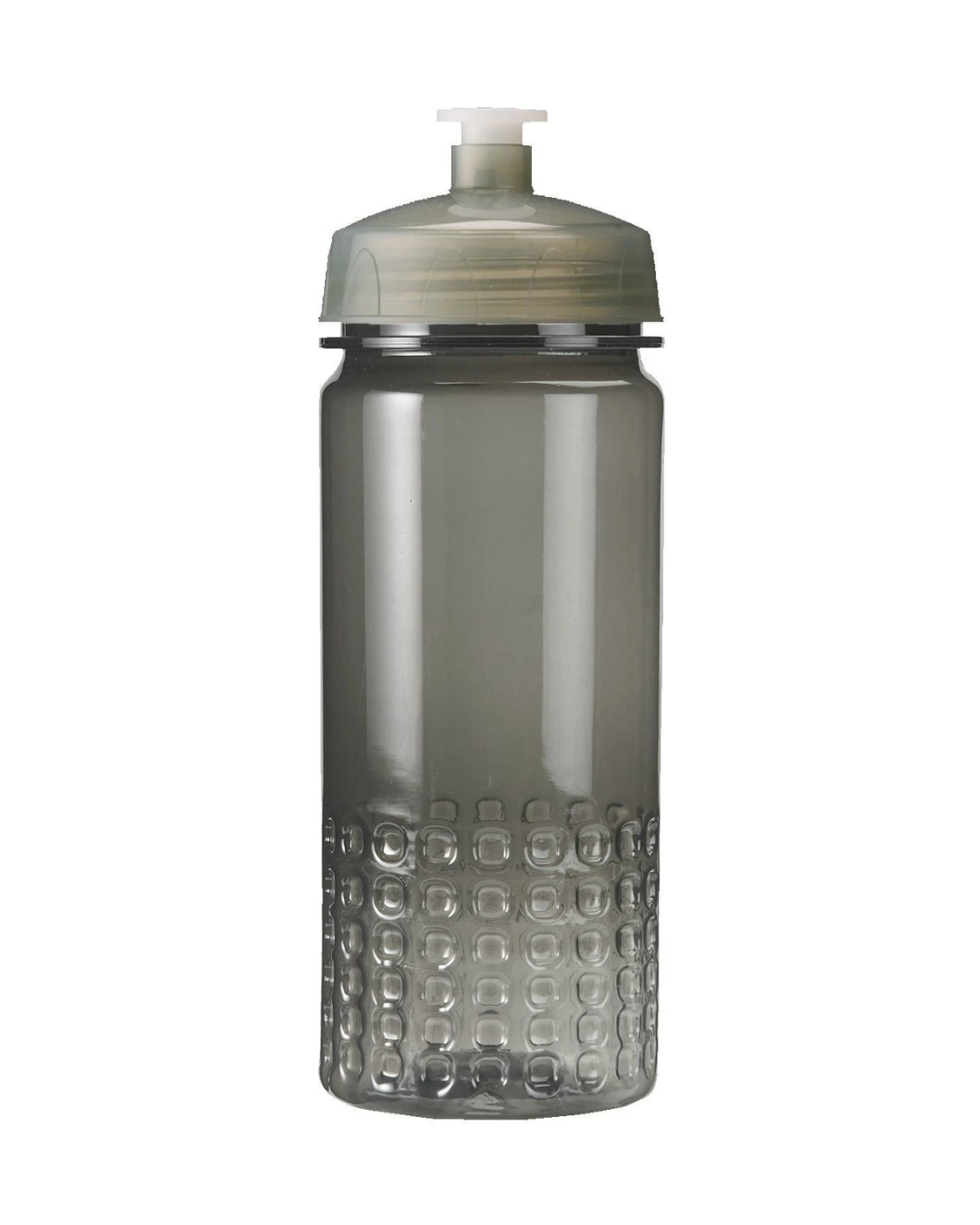 Custom team water bottle, 16 oz translucent smoke gray sports bottle with a push-pull lid and block grip base