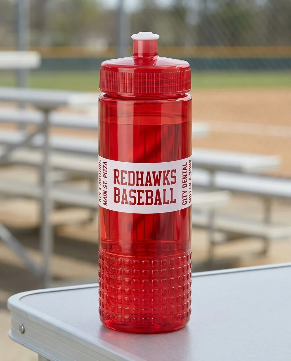 Custom team water bottle in translucent red with a white wraparound print of a baseball team name and local sponsor names