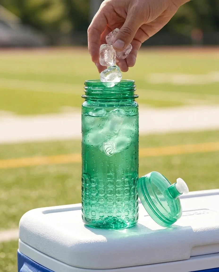 Hand dropping ice cubes into the wide mouth of a custom translucent green team water bottle with the push-pull lid set beside it