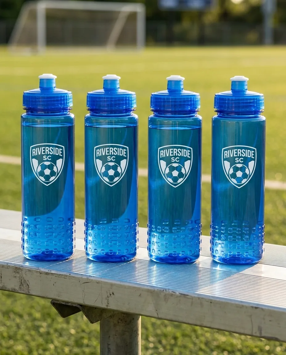 Four custom team water bottles in translucent blue with matching lids and a white printed Riverside SC soccer crest on a sideline bench