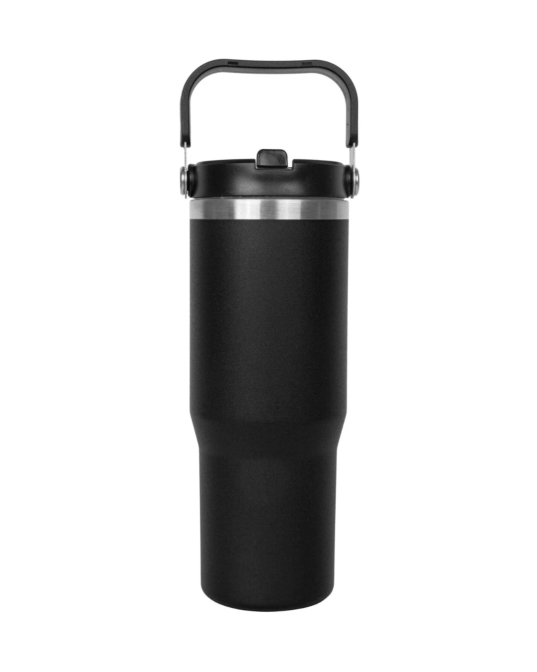 Custom 30 oz insulated stainless tumbler in black with a swivel handle and built-in straw lid