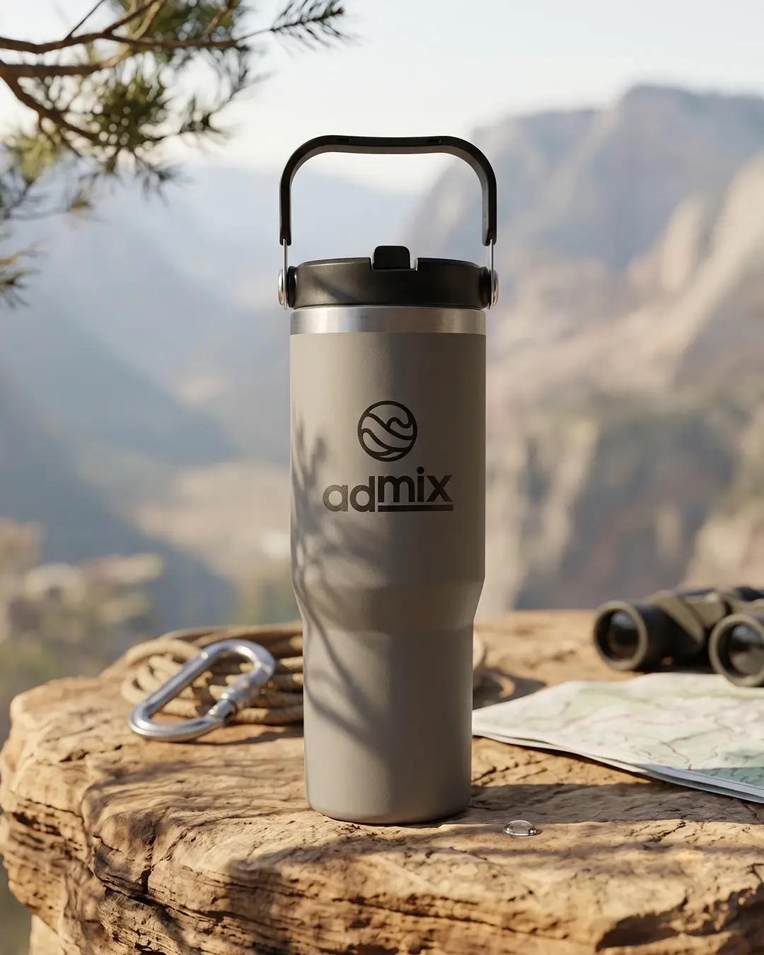 Custom 30 oz handle tumbler with a straw lid and a printed logo in everyday use