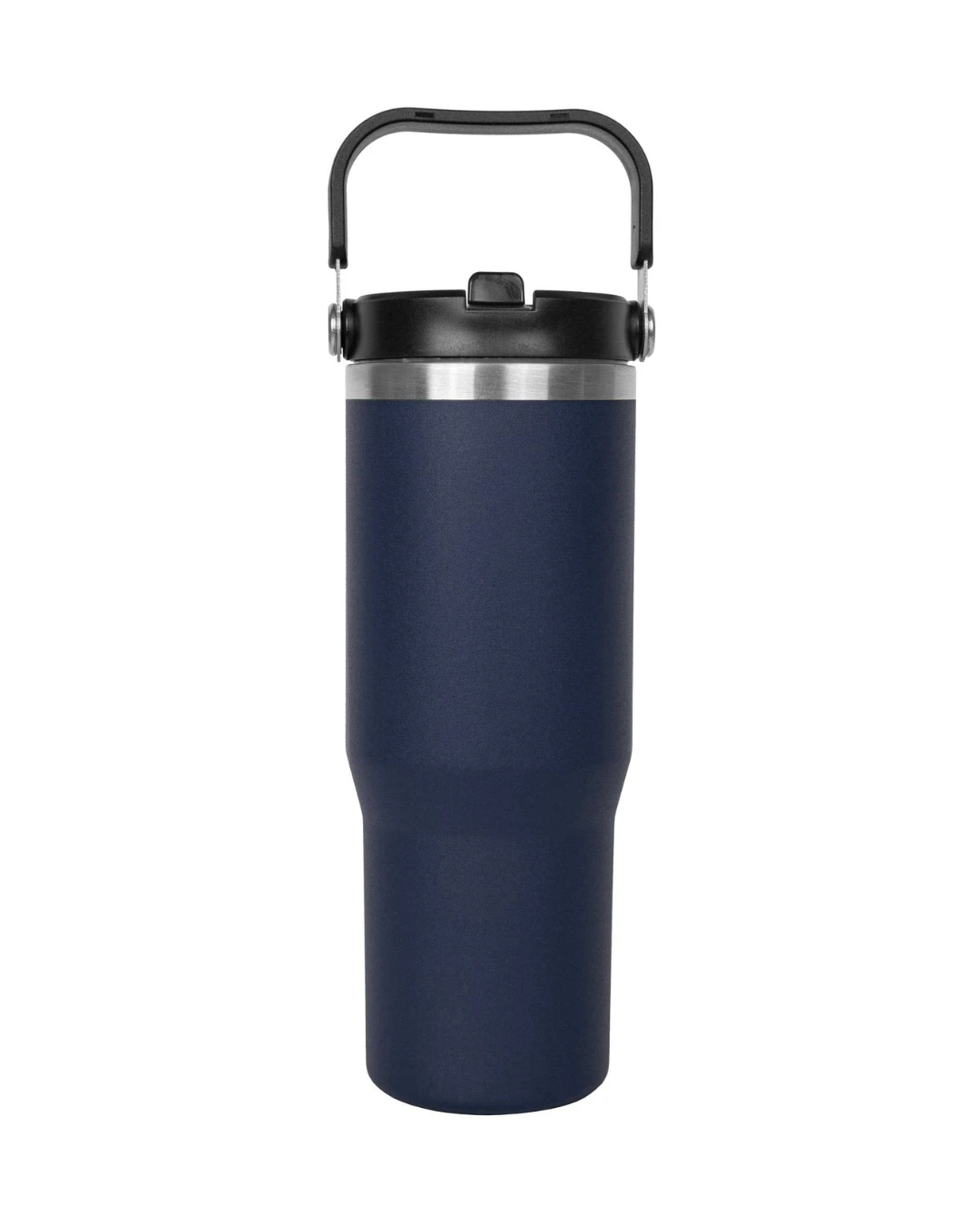 Custom 30 oz insulated stainless tumbler in navy blue with a swivel handle and built-in straw lid