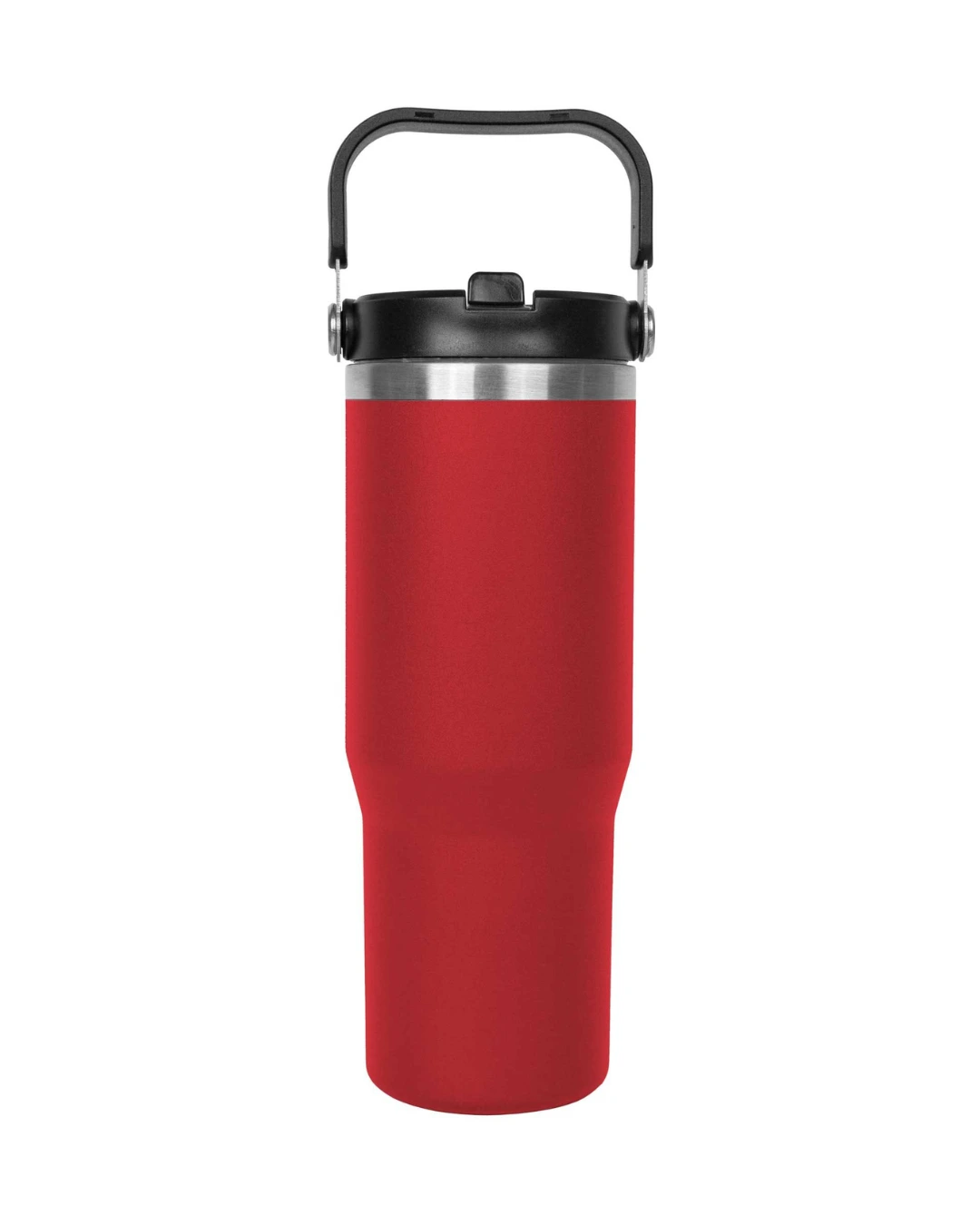 Custom 30 oz insulated stainless tumbler in red with a swivel handle and built-in straw lid