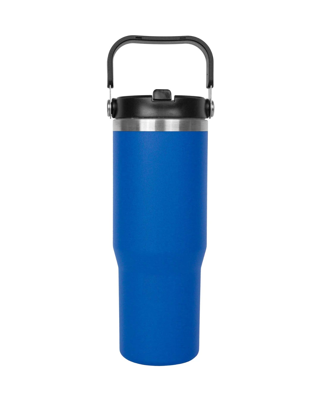 Custom 30 oz insulated stainless tumbler in royal blue with a swivel handle and built-in straw lid
