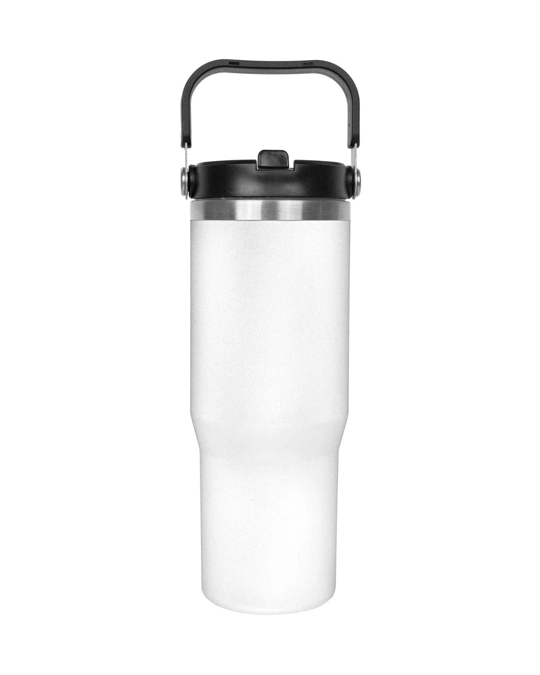 Custom 30 oz insulated stainless tumbler in white with a swivel handle and built-in straw lid