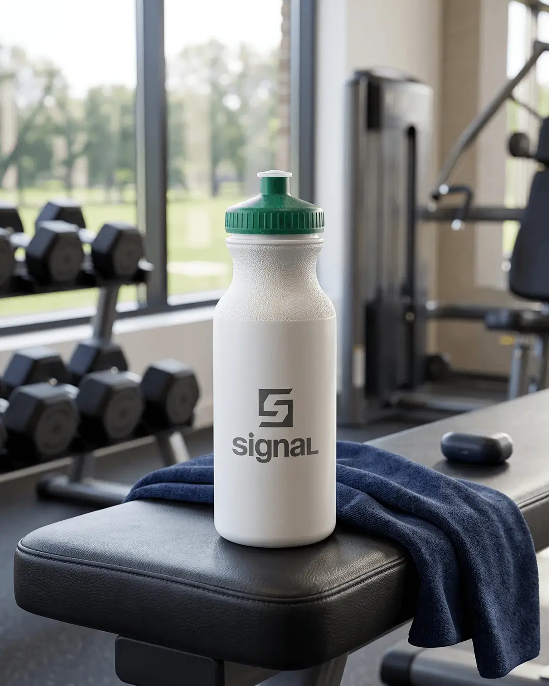 Custom water bottle with a green push-pull cap and a printed logo on a weight bench in a gym