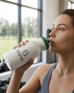 Woman drinking from a custom 20 oz white sports water bottle with a green cap and a printed logo