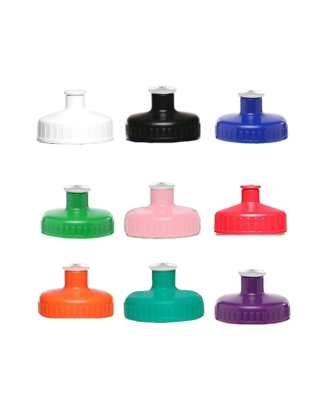 Push-pull caps for the custom water bottles in nine colors, from White and Black to Teal Blue and Violet Purple