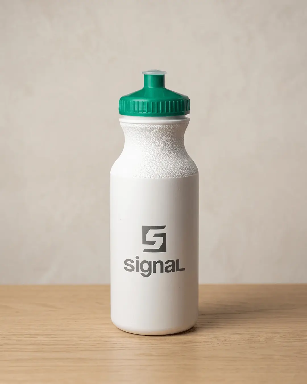 Custom water bottle, 20 oz white sports bottle with a green push-pull cap and a two color logo printed on the front