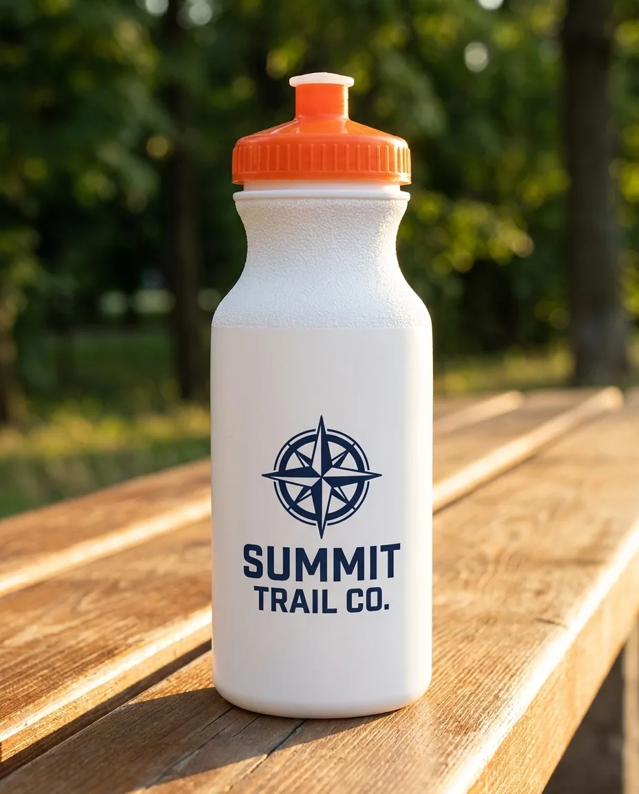 Custom 20 oz white water bottle with an orange push-pull cap and a navy screen printed trail company logo on the front