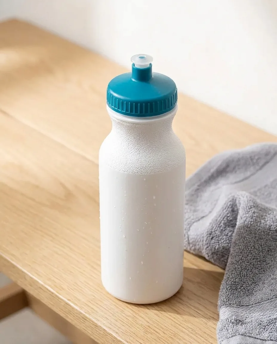 Close-up of a custom 20 oz white sports water bottle with a pebbled grip band and a teal blue push-pull cap on a wooden bench