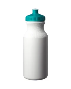Custom water bottle, 20 oz white sports bottle with a teal blue push-pull cap