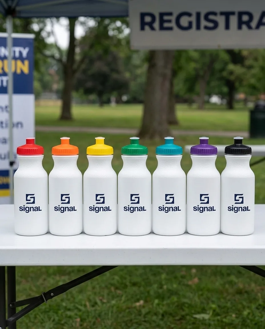 Seven custom white water bottles with red, orange, yellow, green, teal blue, violet purple and black caps and a navy printed logo at a fun run registration table