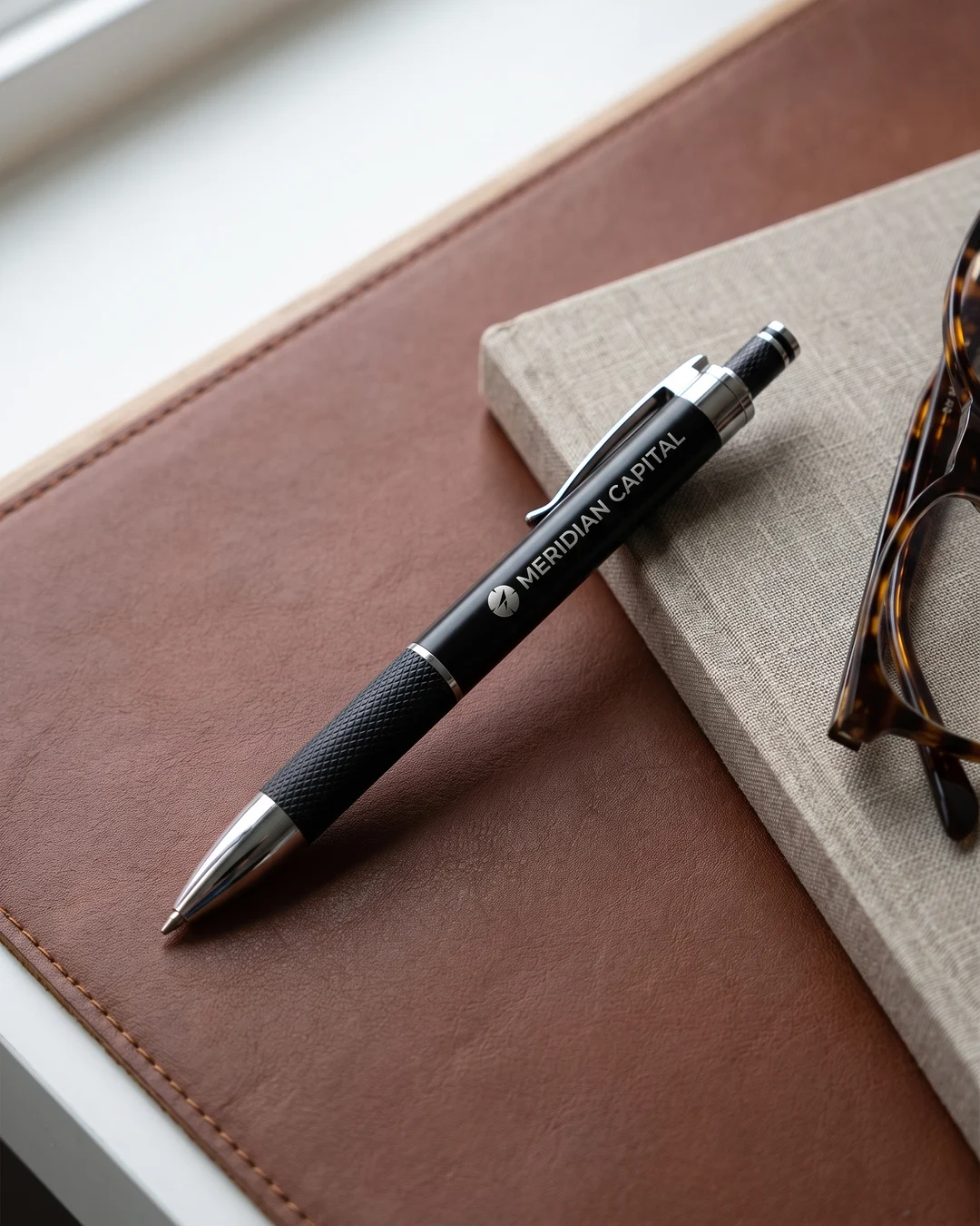 Black laser engraved pen with a silver Meridian Capital logo on the barrel, resting on a leather desk pad beside a notebook