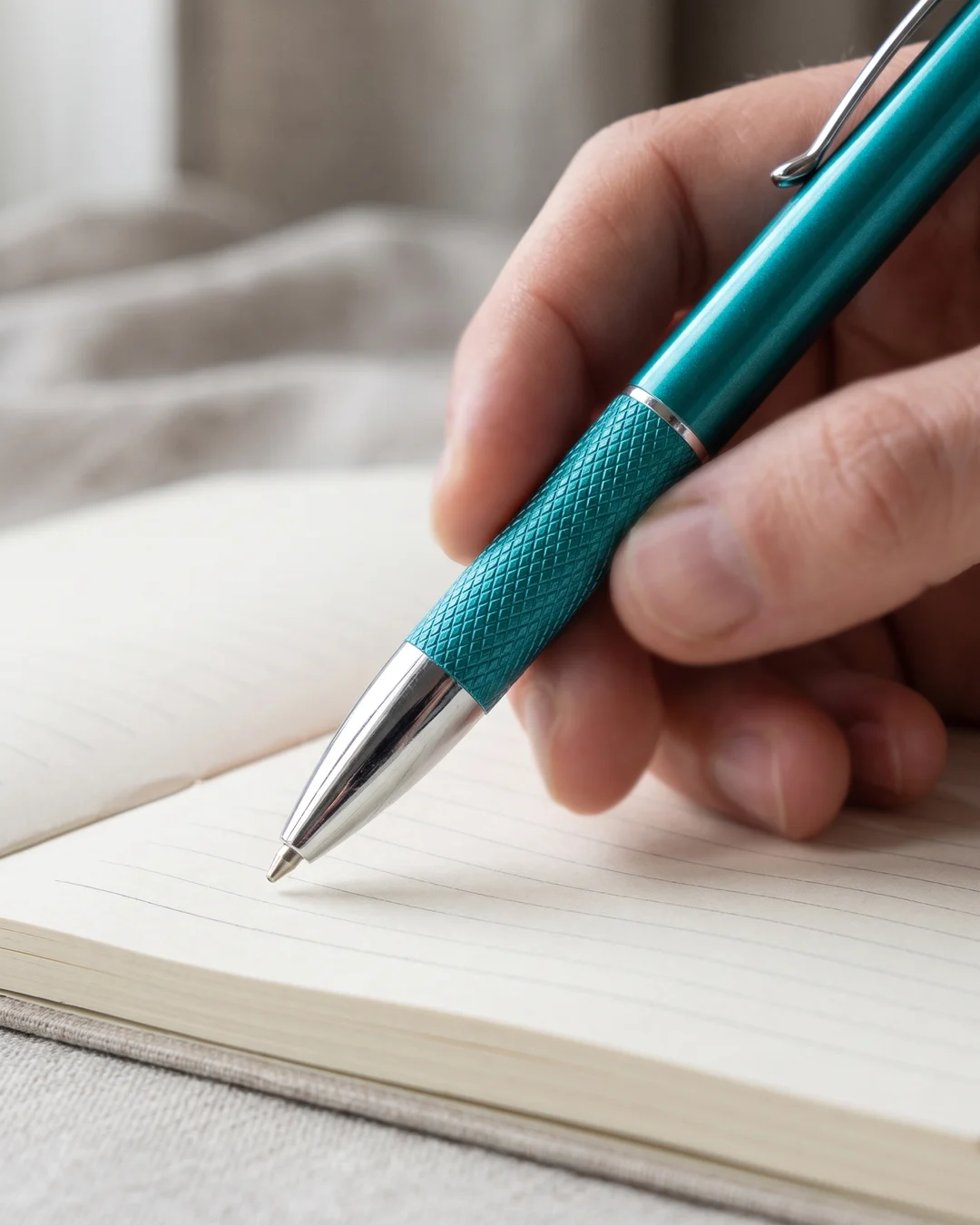 Close-up of a teal blue laser engraved pen showing the diamond-etched knurled grip and silver trim, held over a notebook