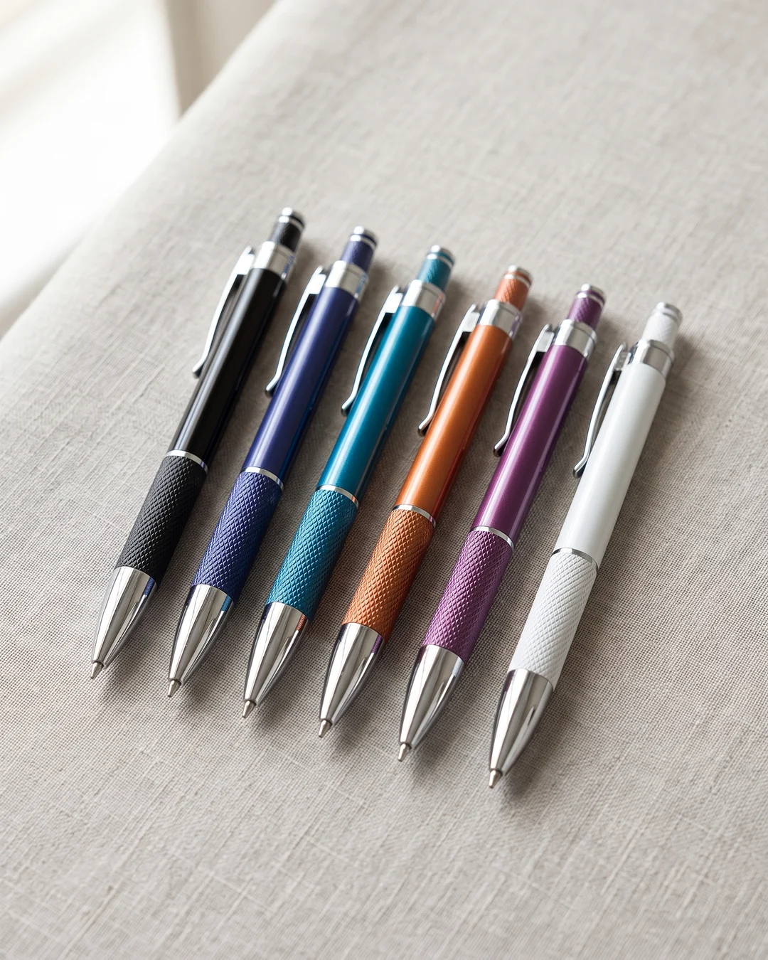 Laser engraved pens in six high-gloss colors, black, indigo blue, teal blue, cinnamon, quartz purple and white, on linen