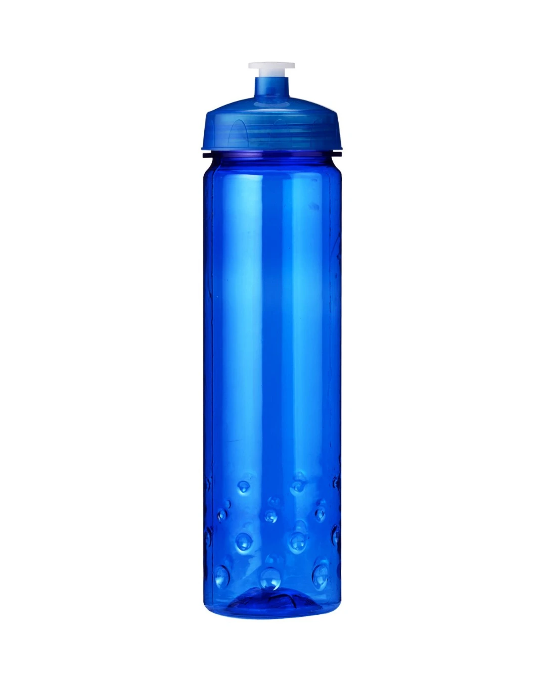 Personalized 24 oz sport water bottle in translucent blue with a matching push-pull lid and a bubble grip base