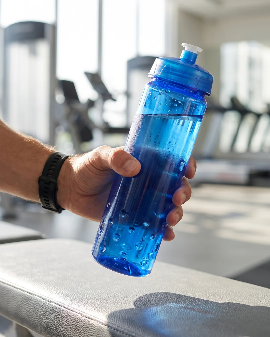 Hand gripping a cold translucent blue 24 oz sport water bottle with a raised bubble grip base in a bright gym
