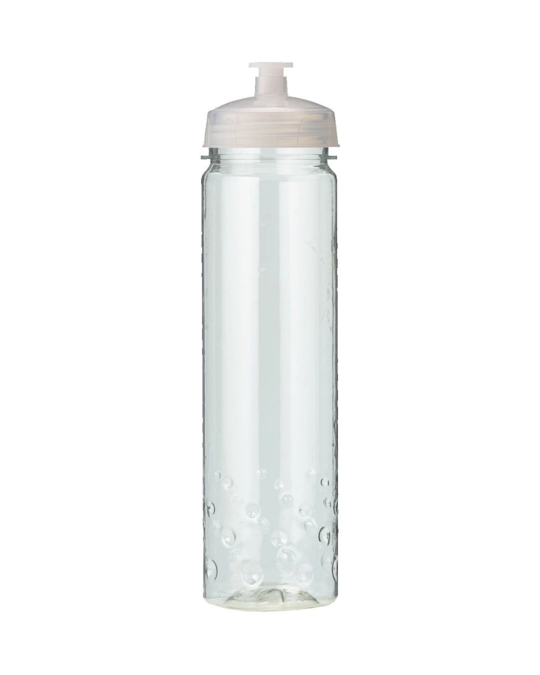 Personalized 24 oz sport water bottle in translucent clear with a matching push-pull lid and a bubble grip base