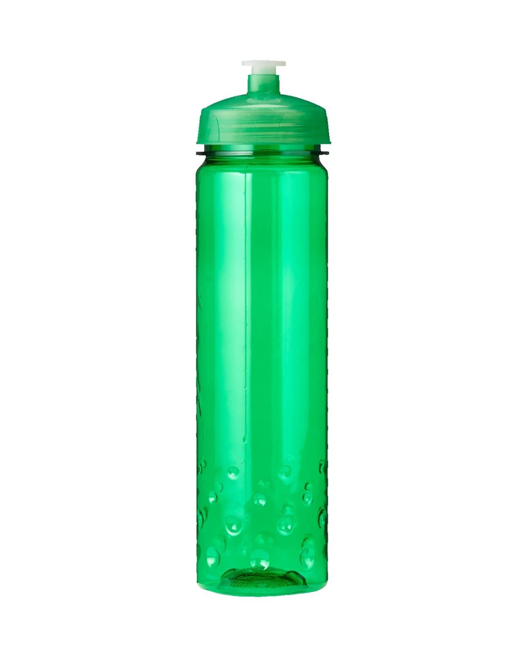 Personalized 24 oz sport water bottle in translucent green with a matching push-pull lid and a bubble grip base