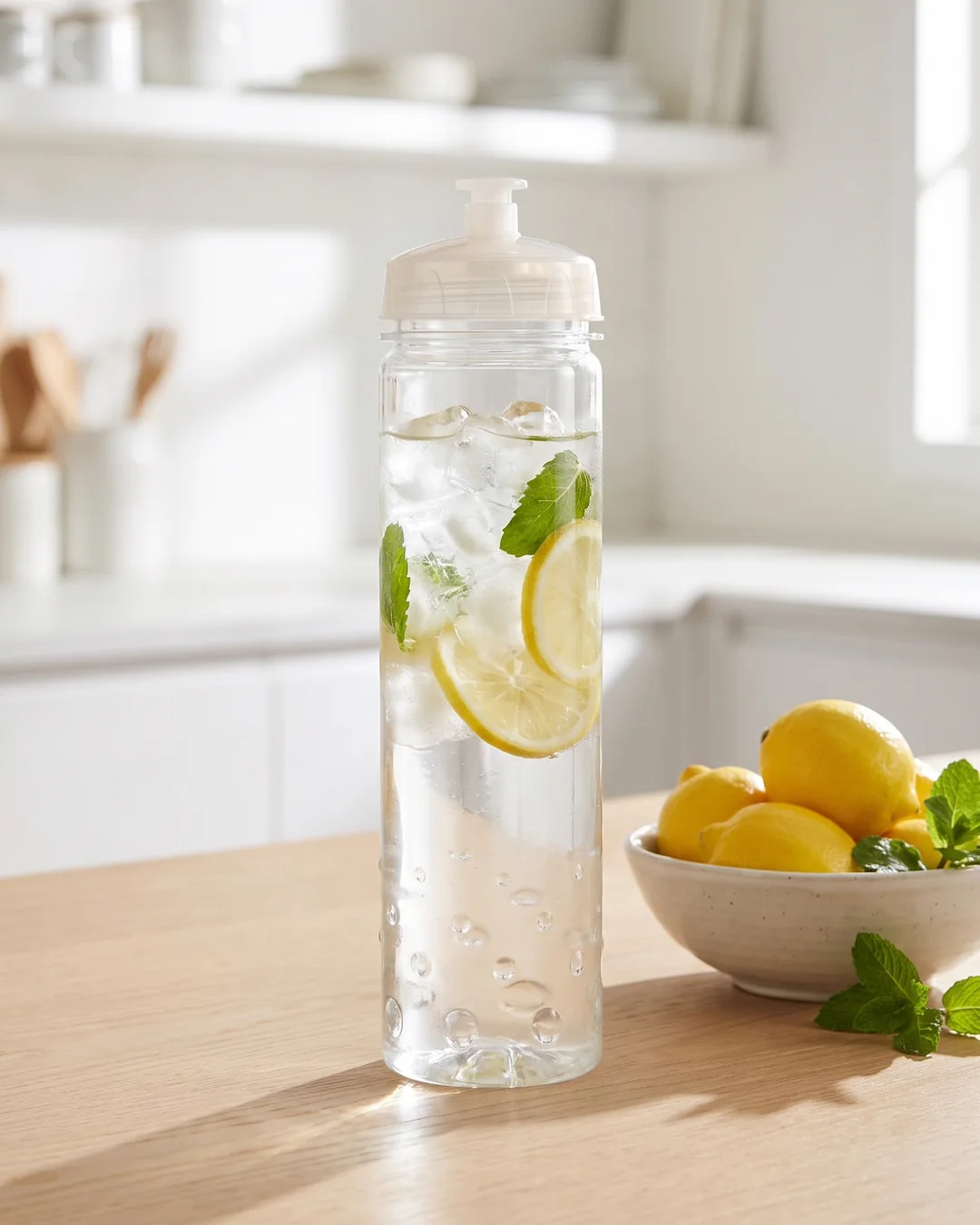Clear 24 oz sport water bottle filled with ice water, lemon slices and mint on a light oak counter