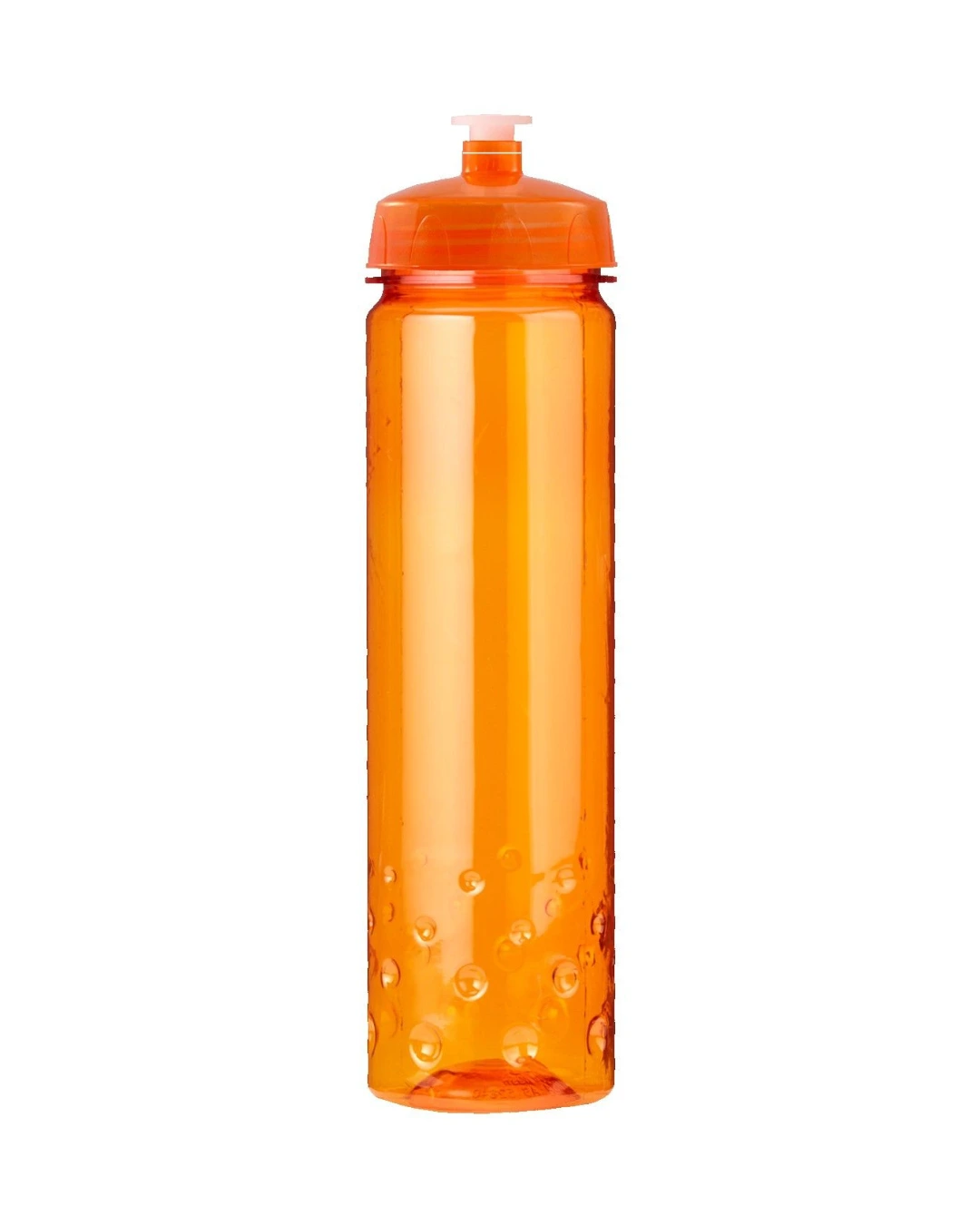 Personalized 24 oz sport water bottle in translucent orange with a matching push-pull lid and a bubble grip base