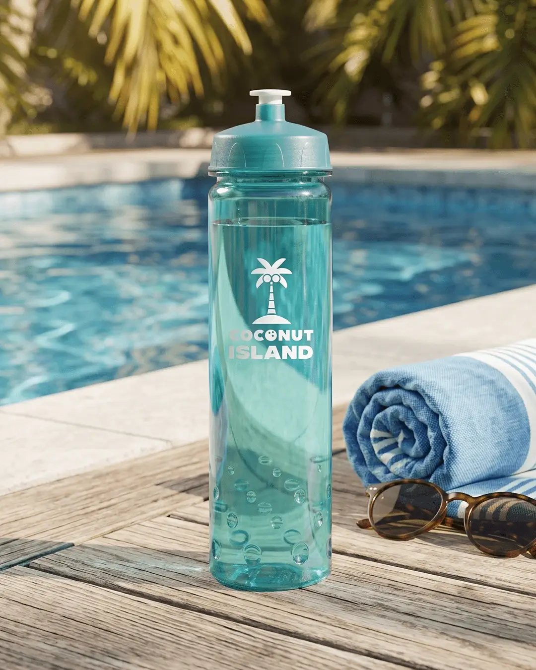 Personalized aqua water bottle with a resort logo on a poolside deck beside a rolled towel and sunglasses