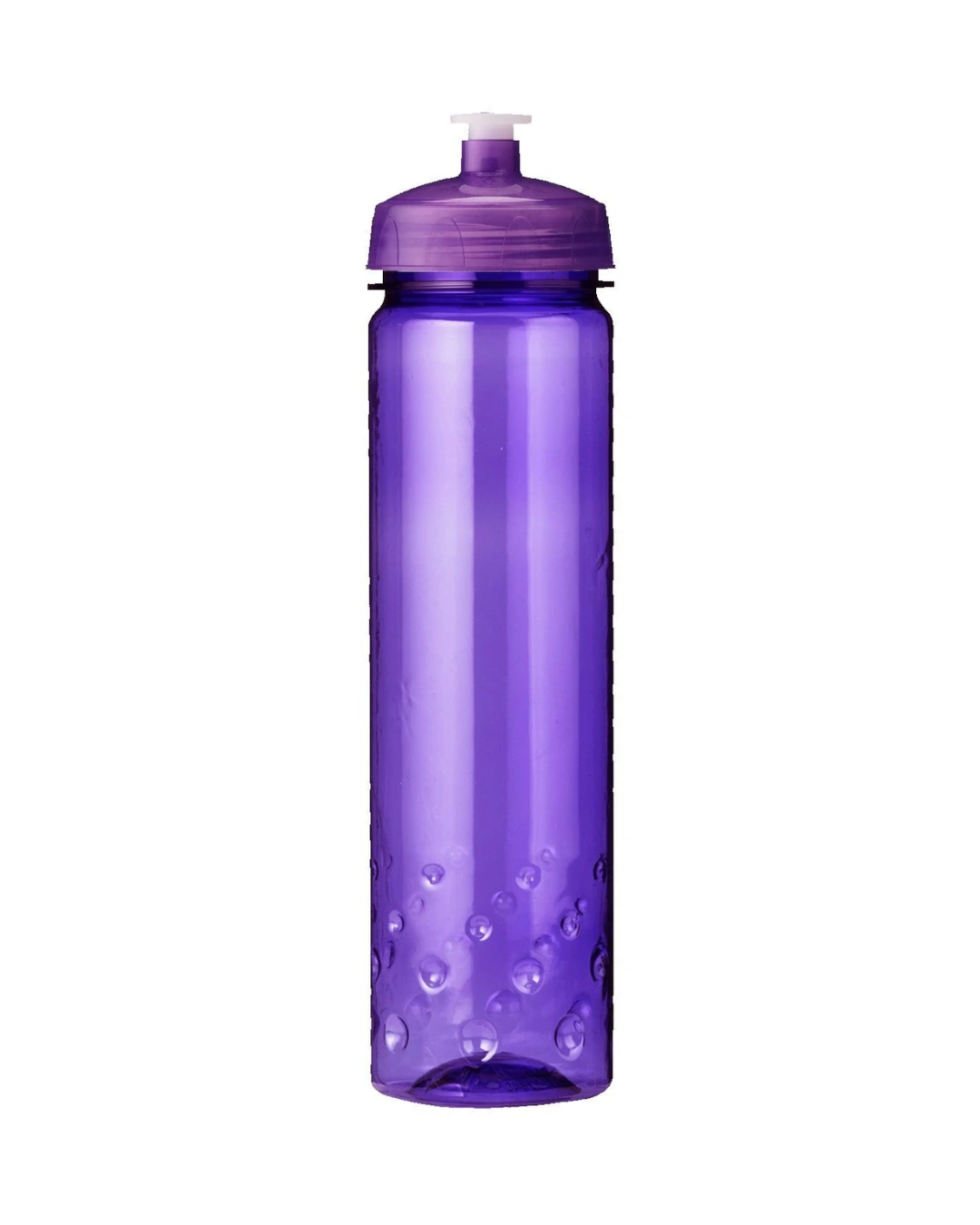 Personalized 24 oz sport water bottle in translucent purple with a matching push-pull lid and a bubble grip base