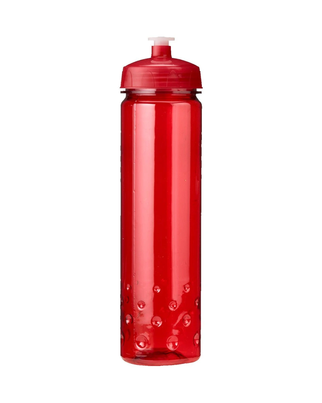 Personalized 24 oz sport water bottle in translucent red with a matching push-pull lid and a bubble grip base