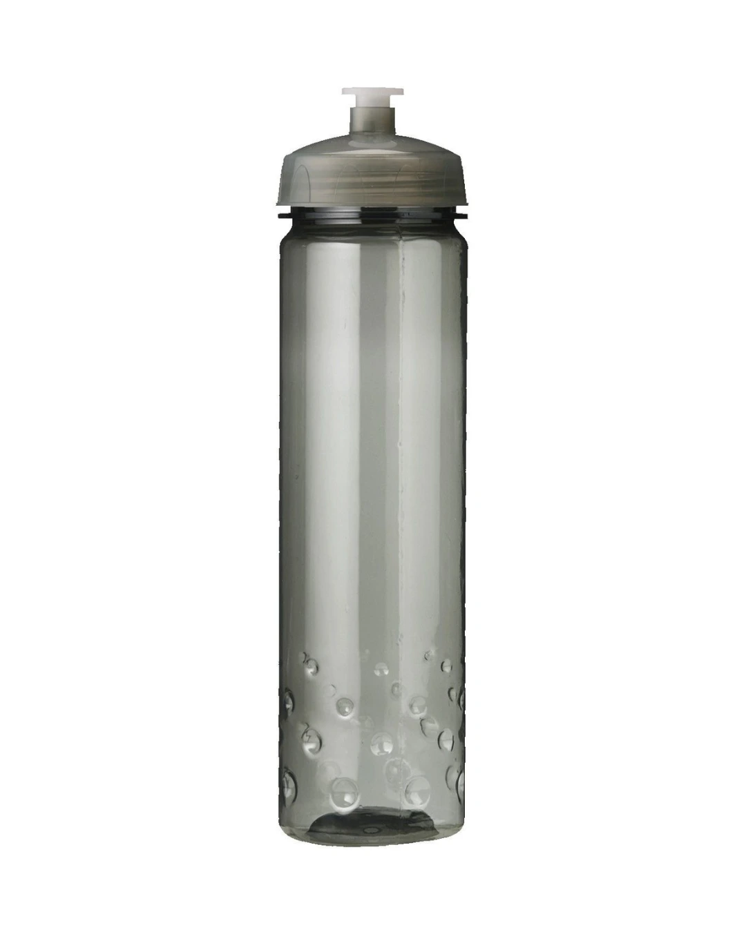 Personalized 24 oz sport water bottle in translucent smoke gray with a matching push-pull lid and a bubble grip base