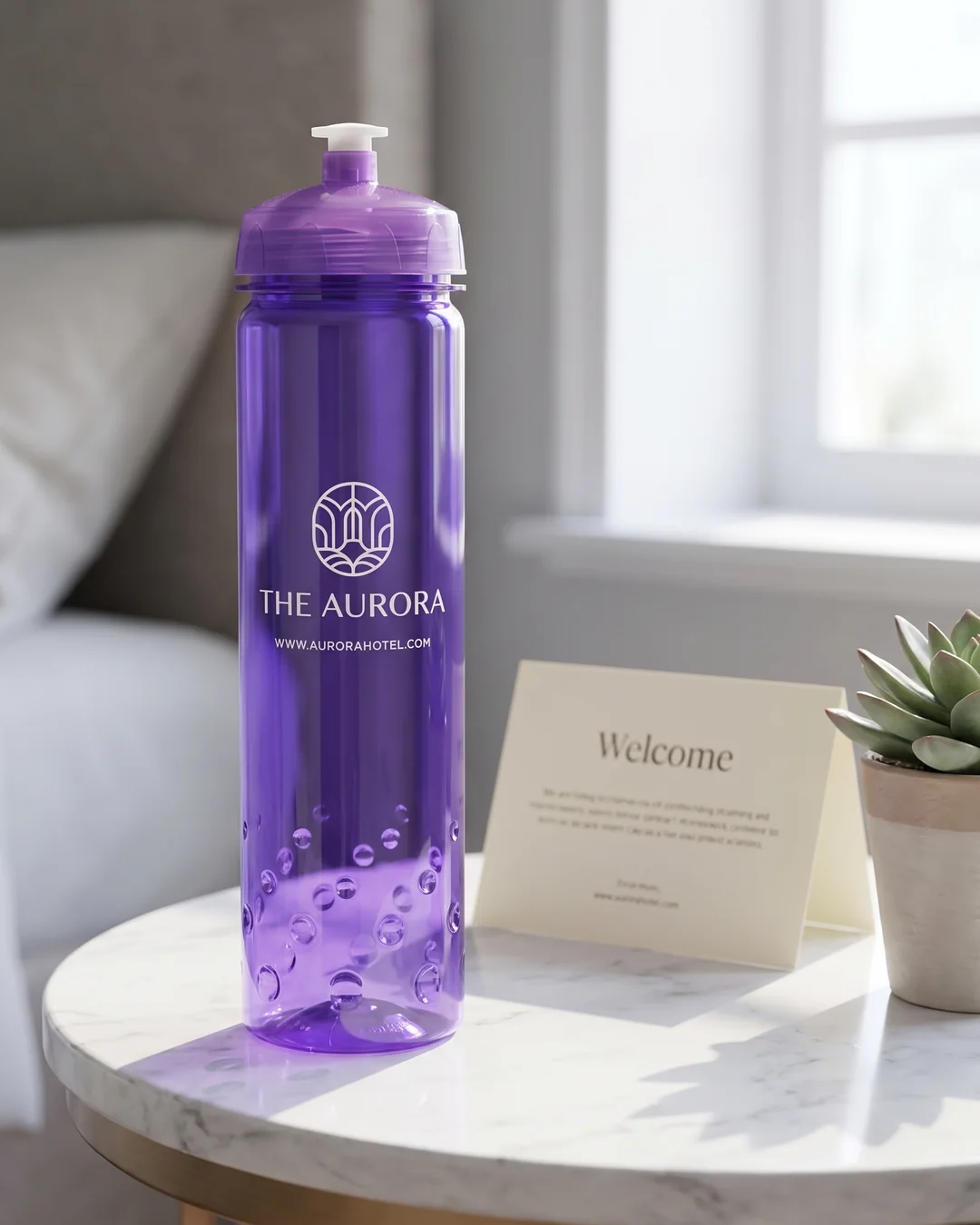 Personalized 24 oz water bottle in translucent purple with a white printed hotel logo, name and web address on a marble nightstand