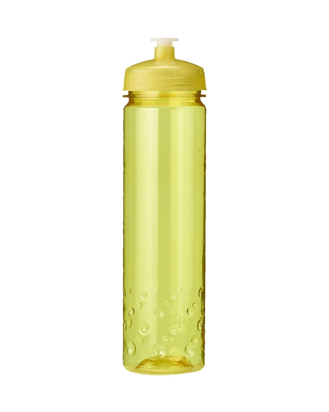Personalized 24 oz sport water bottle in translucent yellow with a matching push-pull lid and a bubble grip base