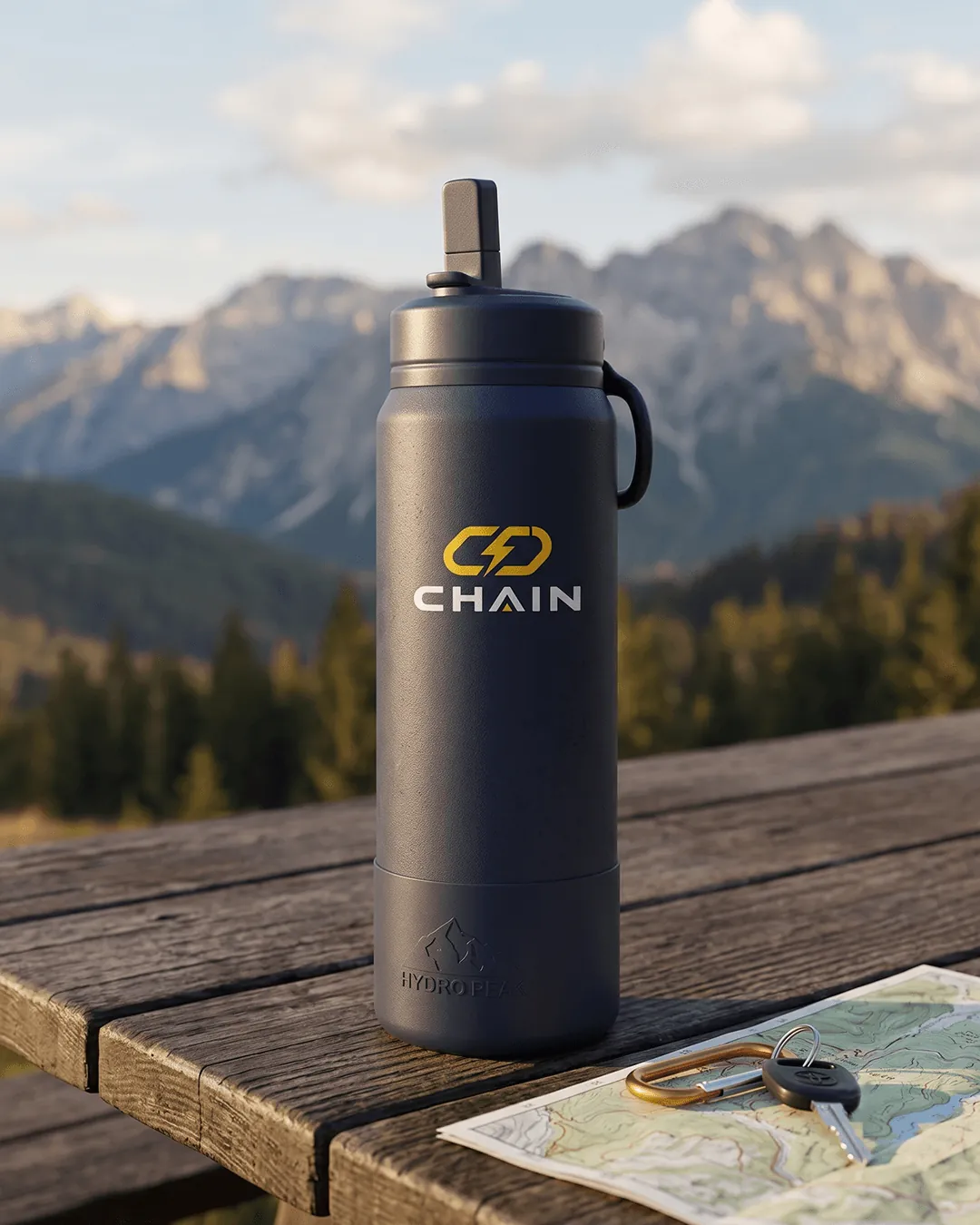 Custom stainless steel water bottles on a trail with the straw lid open and the engraved logo facing out