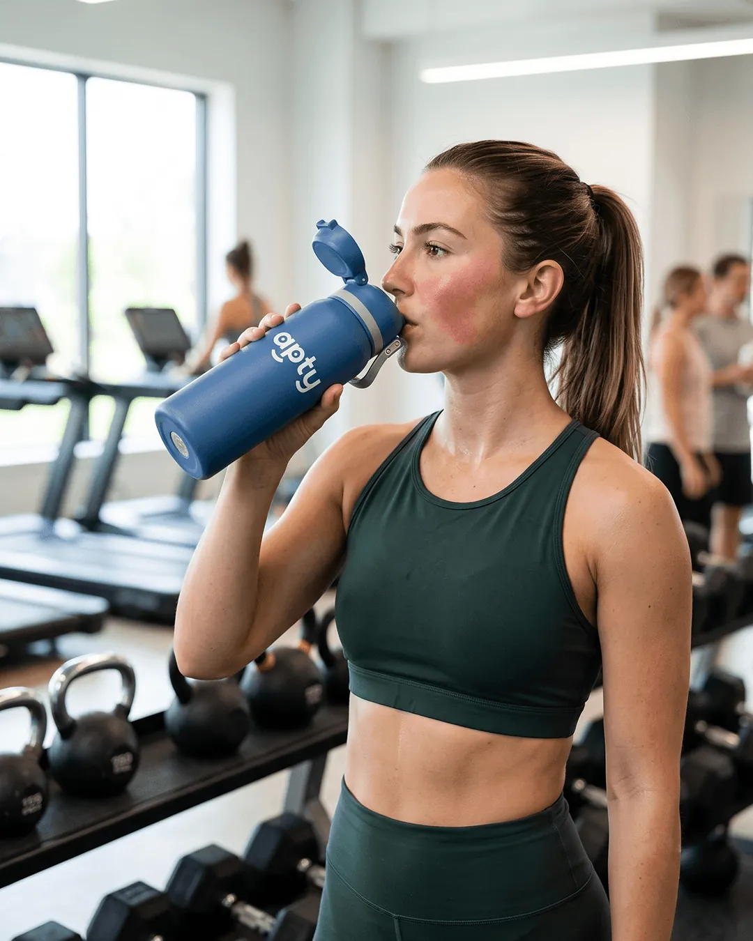 Custom water bottles with straw in several colors lined up with the logo printed on each